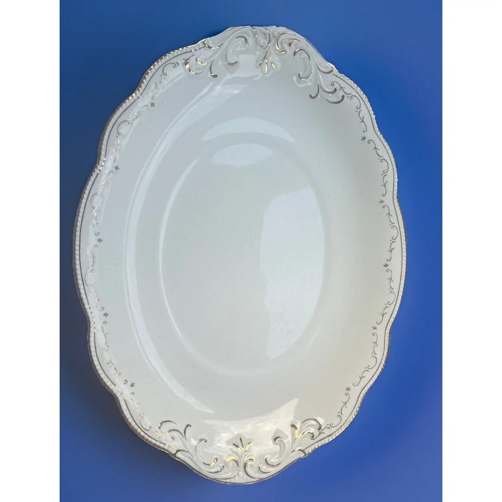 W.H. Grindley England Antique Oval Serving Platter Gold Scroll Rim C. 1914-1925